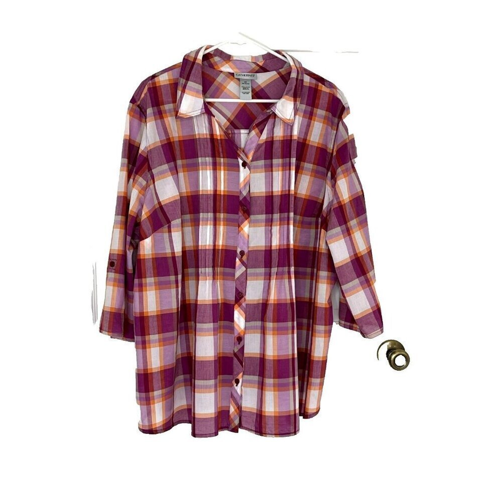 Catherines 2X Madras Plaid Top Button Up 3/4 Roll Tab Sleeve Pintucks Country